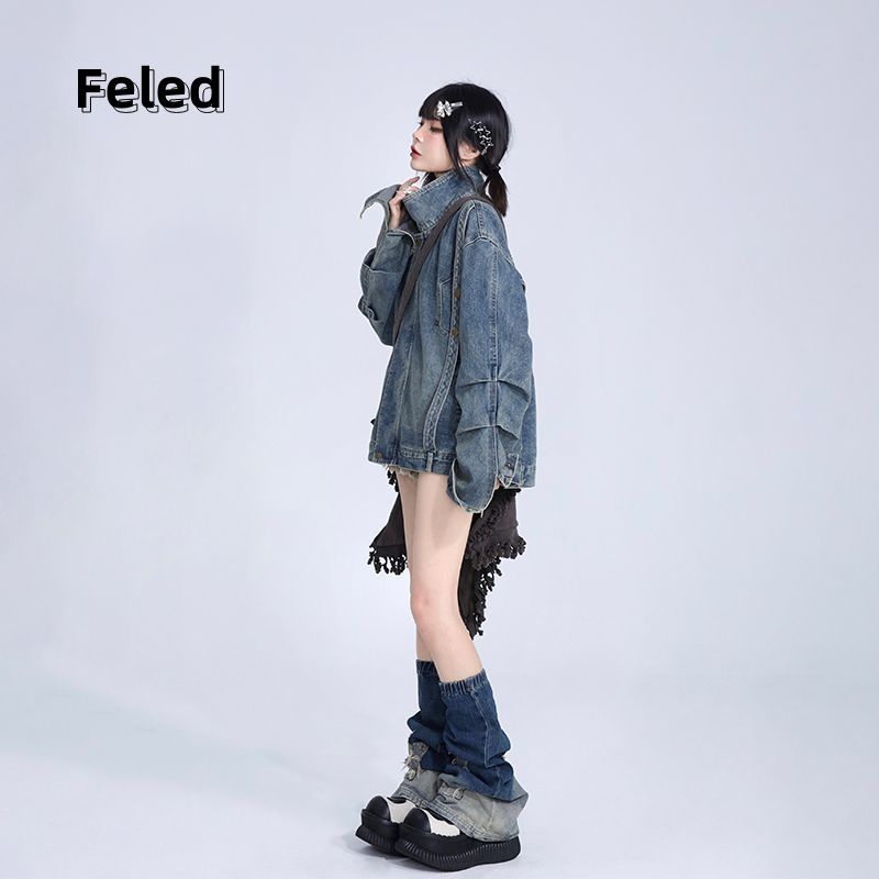 Feila Denton American retro washed distressed denim jacket for men and women autumn and winter new loose casual jacket top