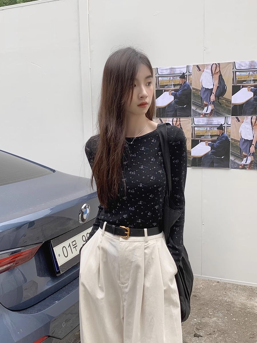 法式復古小碎花螺紋德絨針織衫女秋冬修身顯瘦T恤長袖內搭打底衫