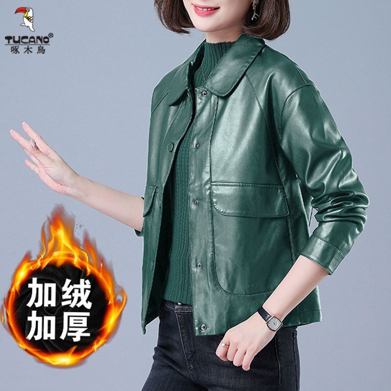 Woodpecker short lapel plus velvet thickened leather jacket 2023 new windproof and waterproof no-wash slimming versatile top for women