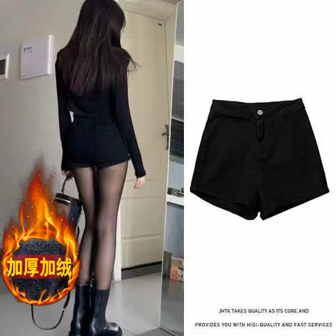 黑色緊身加絨加厚牛仔短褲女秋冬季新款高腰顯瘦彈力辣妹超短熱褲