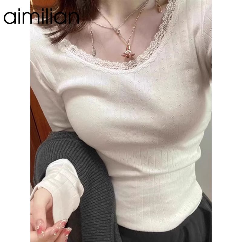 aimilian白色蕾絲打底衫女秋冬內搭上衣修身百搭顯瘦正肩長袖t恤