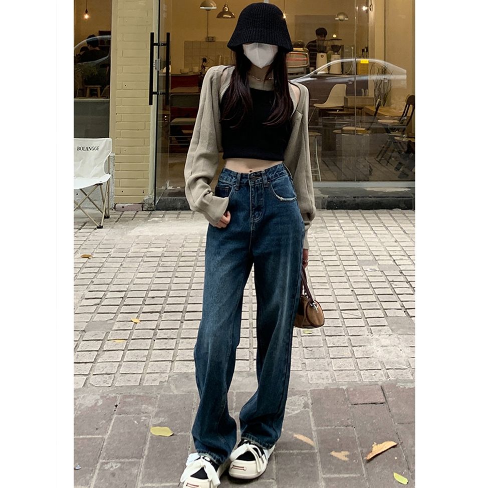 個性撞色小眾深藍高腰直筒牛仔褲女2023新款拼色垂直感拖地牛仔褲