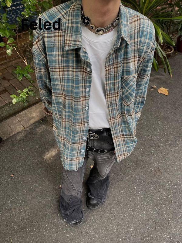 飛拉丹頓美式復古格子襯衫男女寬鬆顯瘦小眾設計感辣妹百搭潮上衣