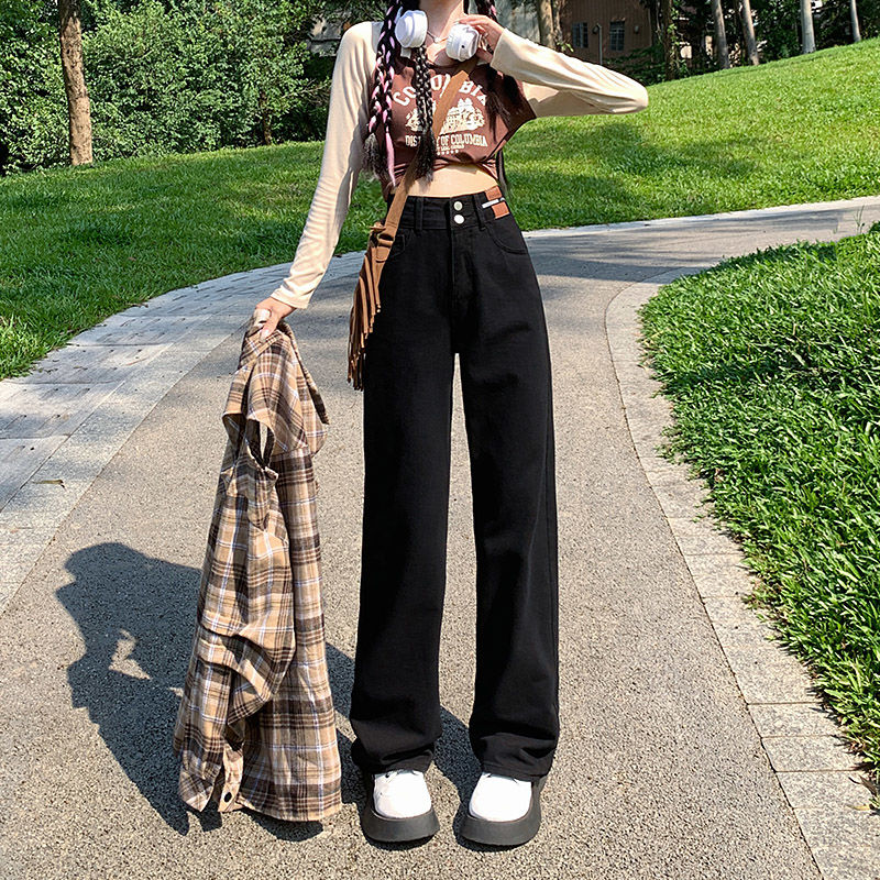新款顯瘦直筒寬鬆拖地褲子復古闊腿牛仔褲女高腰垂感春秋季2023年