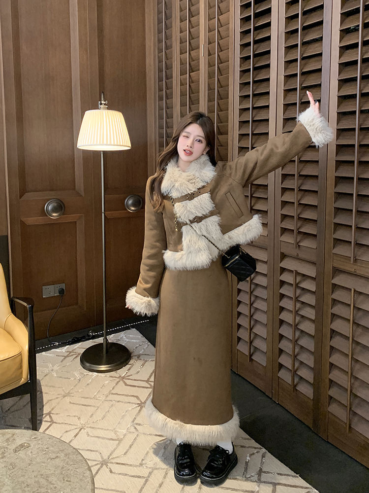 改良旗袍裙加絨加厚麂皮絨外套半身裙女冬季保暖2023新款時尚套裝