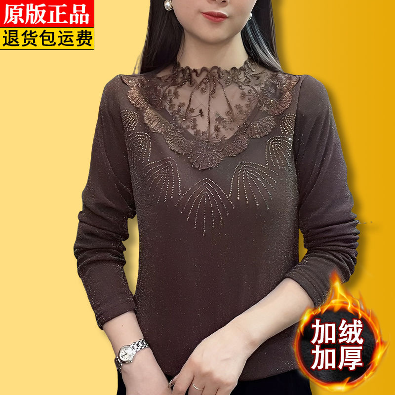 高檔燙鑽刺繡蕾絲打底衫女秋冬復古鏤空小衫洋氣顯瘦加絨網紗上衣