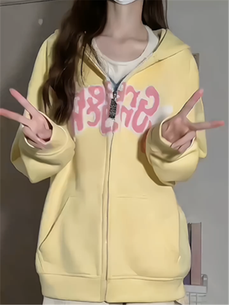 卡通設計感小翅膀刺繡連帽衛衣男女秋冬加絨閨蜜裝情侶裝開衫外套