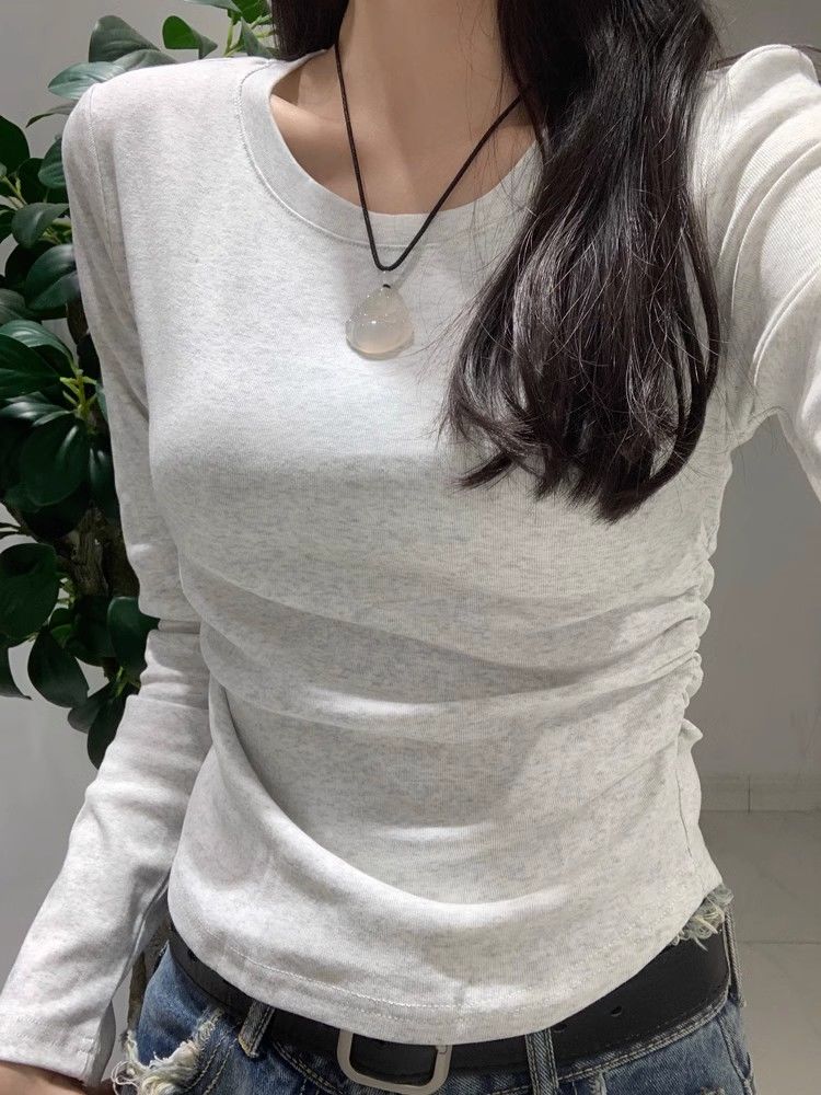 不規則圓領內搭緊身長袖上衣女秋季弧形下擺基礎打底衫顯瘦短上衣