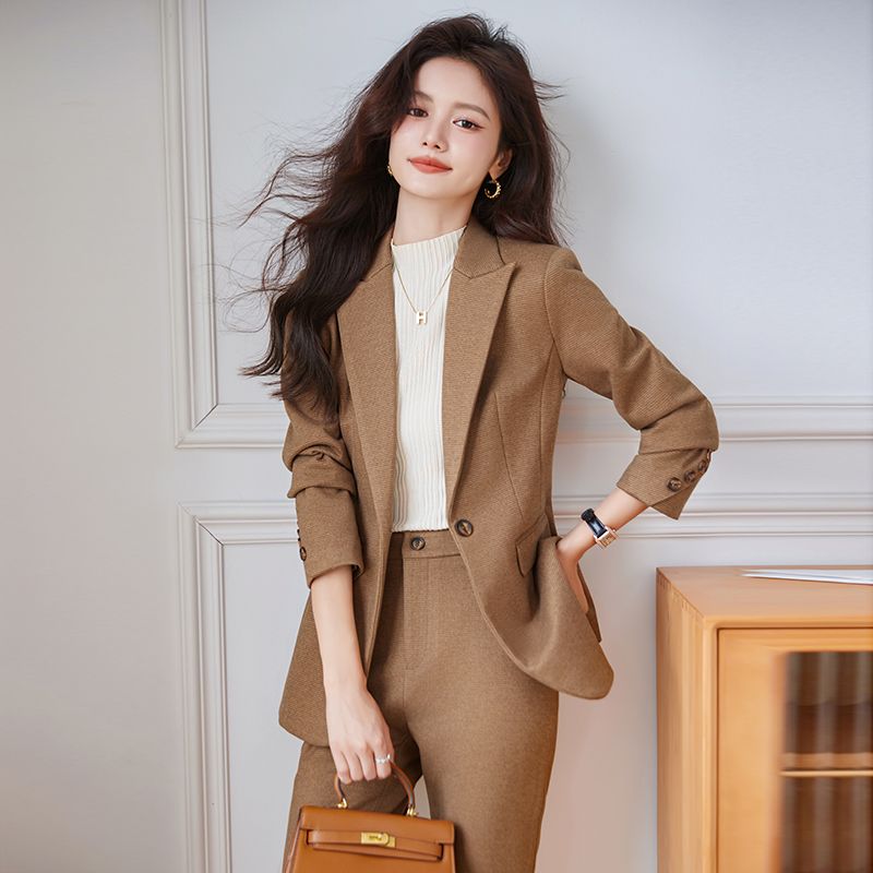 卡其色西裝套裝女2023新款秋冬休閒氣質職業工作服高端西服兩件套