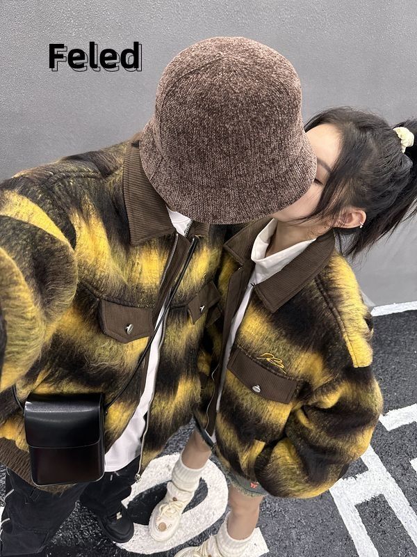 Feira Denton 2023 autumn and winter new American style gradient plaid jacket men and women loose couple small fragrance style jacket