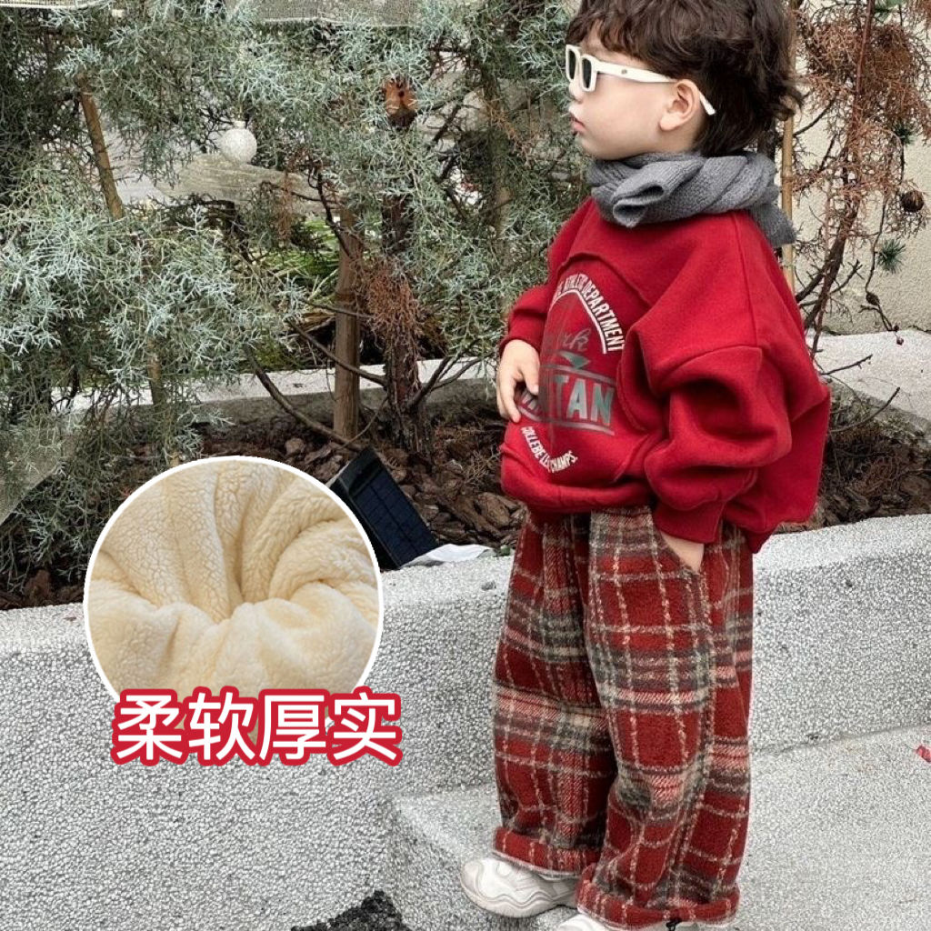 男童女孩中小童2023冬季新款聖誕加絨衛衣復古格子褲套裝洋氣時尚