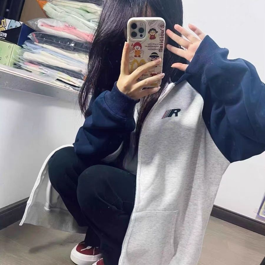 美式復古重磅純棉插肩袖開衫連帽加絨衛衣男女情侶寬鬆拉鏈外套潮