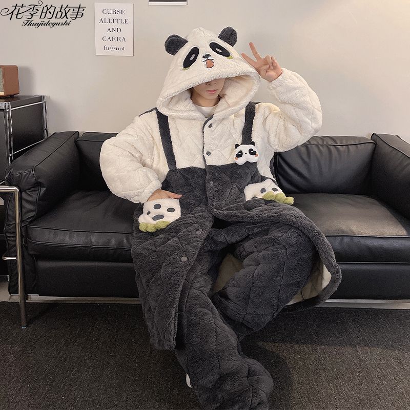 花季的故事熊貓三層夾棉睡衣男冬天特厚加絨ins風卡通家居服新款