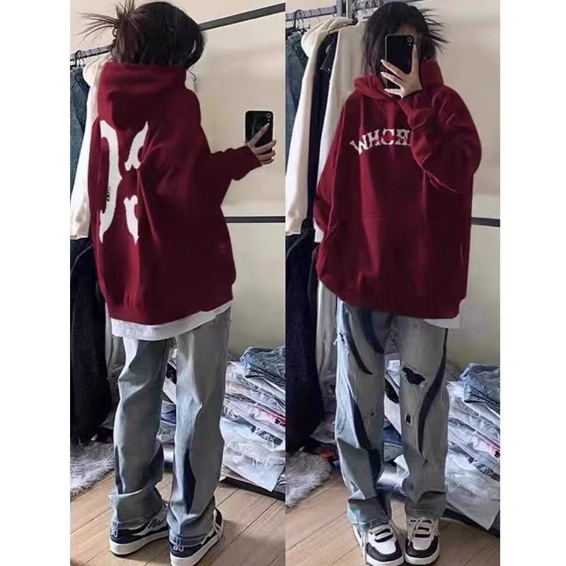 美式復古字母印花情侶酒紅色衛衣女秋冬季國潮復古百搭oversize外