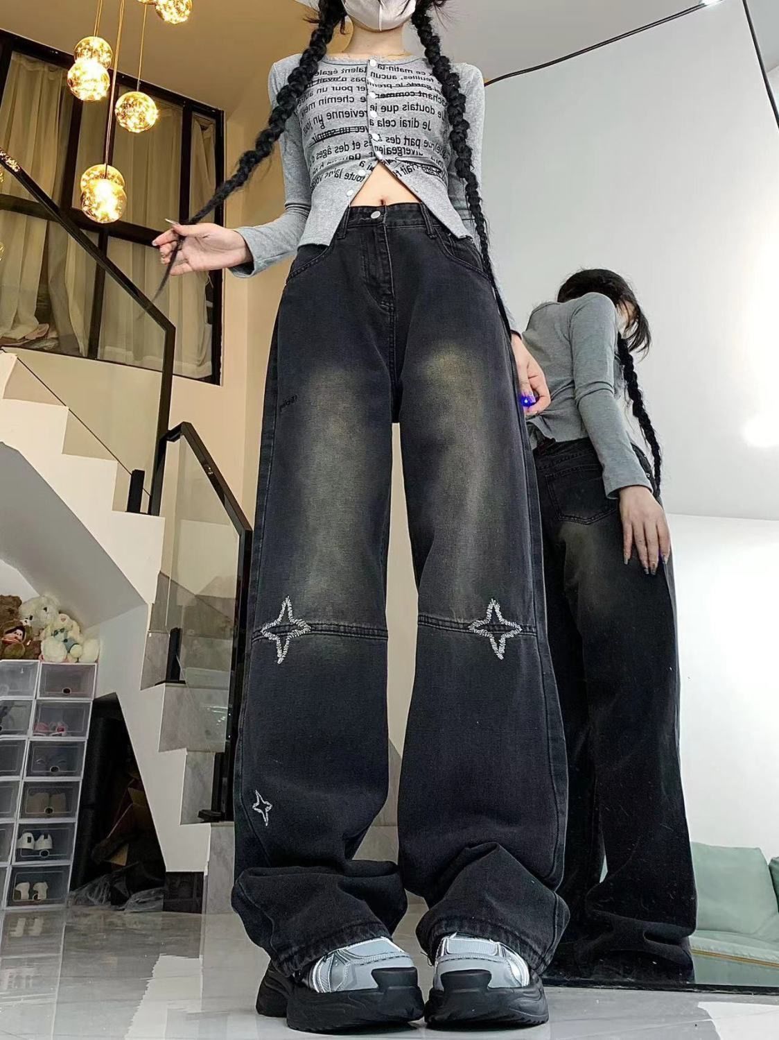 小眾高街高腰星星設計感刺繡美式復古牛仔褲寬鬆直筒闊腿長褲男女