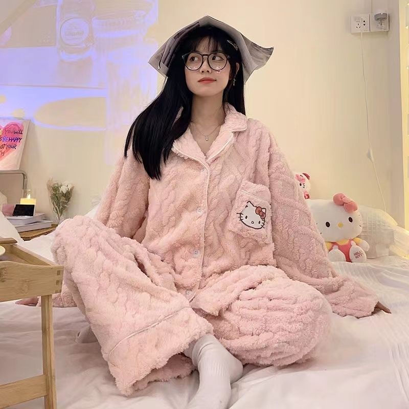 珊瑚絨睡衣女冬季kt貓甜美可愛學生法蘭絨加厚秋冬保暖家居服套裝
