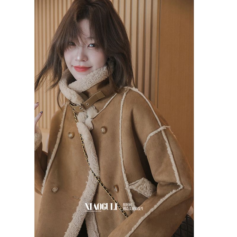 High-end Maillard imitation suede fur all-in-one short coat for women winter new thickened warm cotton coat for women