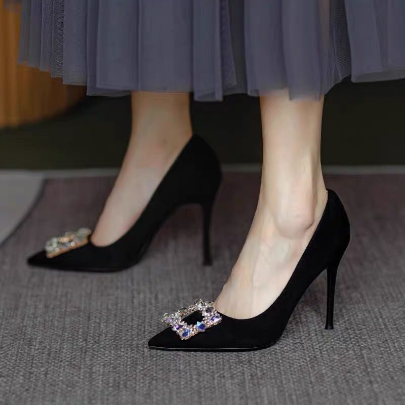 Black Sexy Pointed Toe High Heels Women's Thin  New French Versatile Temperament Rhinestone Square Buckle Shoes