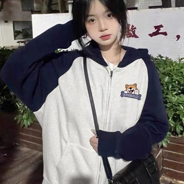 美式復古拼色連帽衛衣男女秋冬新款寬鬆休閒拉鏈oversize開衫外套