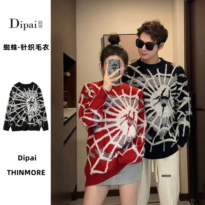 Dipai 美式蜘蛛提花圓領毛衣男女情侶秋冬季慵懶風oversize針織衫