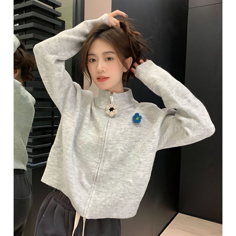 設計感灰色拉鏈高領毛衣外套女春秋冬小個子寬鬆短款針織開衫上衣