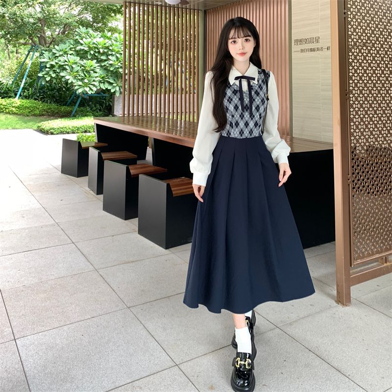 大碼胖MM2023年秋冬新款氣質顯瘦拼接格紋針織假兩件學院風連衣裙
