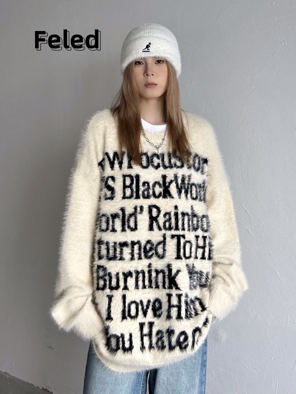 飛拉丹頓秋冬美式情侶毛衣男女復古仿馬海毛小眾慵懶風圓領針織衫