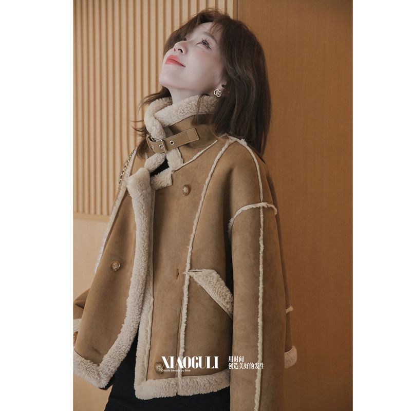 High-end Maillard imitation suede fur all-in-one short coat for women winter new thickened warm cotton coat for women