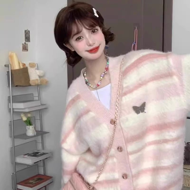 Imitation mink wool sweater for women in autumn and winter new pink striped V-neck sweet and gentle loose knitted cardigan jacket