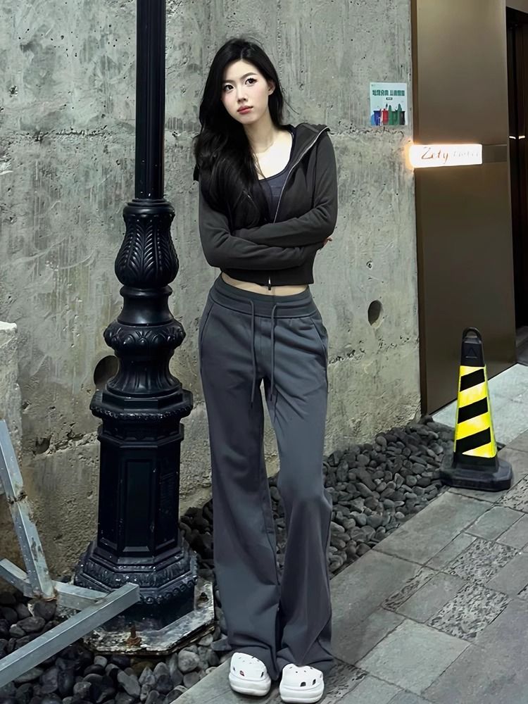 美式微喇休閒褲女秋冬季辣妹低腰抽繩寬鬆闊腿褲灰色顯瘦瑜伽褲子