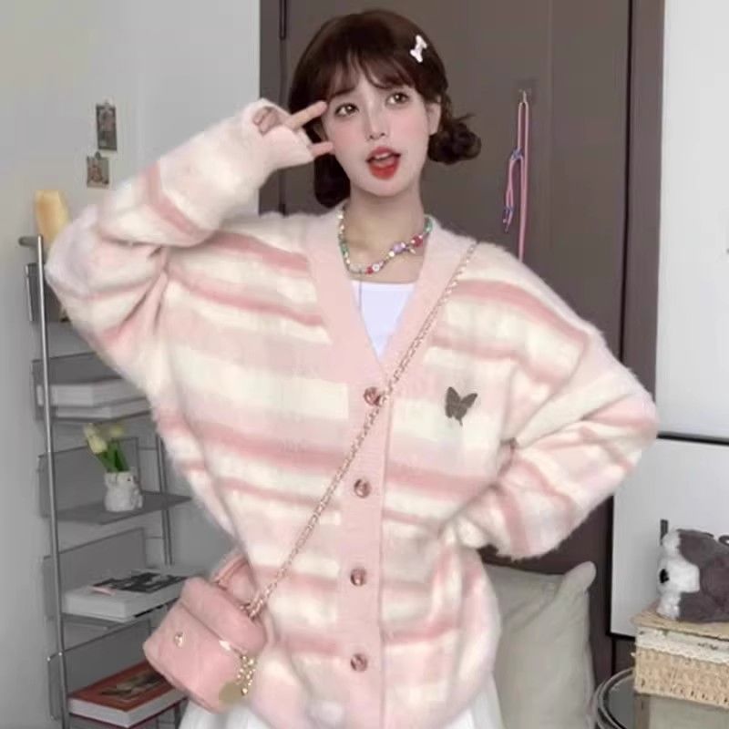 Imitation mink wool sweater for women in autumn and winter new pink striped V-neck sweet and gentle loose knitted cardigan jacket