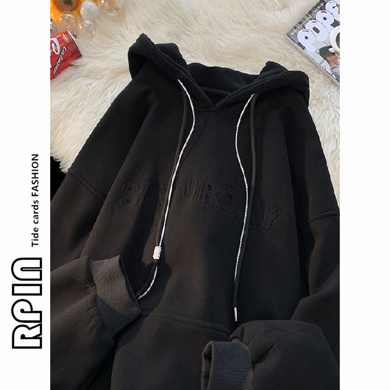 RPIN large size 300 pounds Hong Kong style velvet hooded sweatshirt for women winter  new trendy brand casual loose jacket