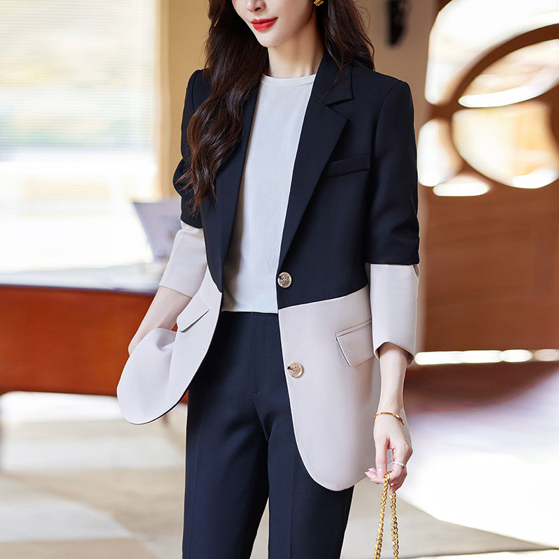 休閒西裝外套女秋冬2023新款氣質職業裝修身撞色通勤小西服上衣