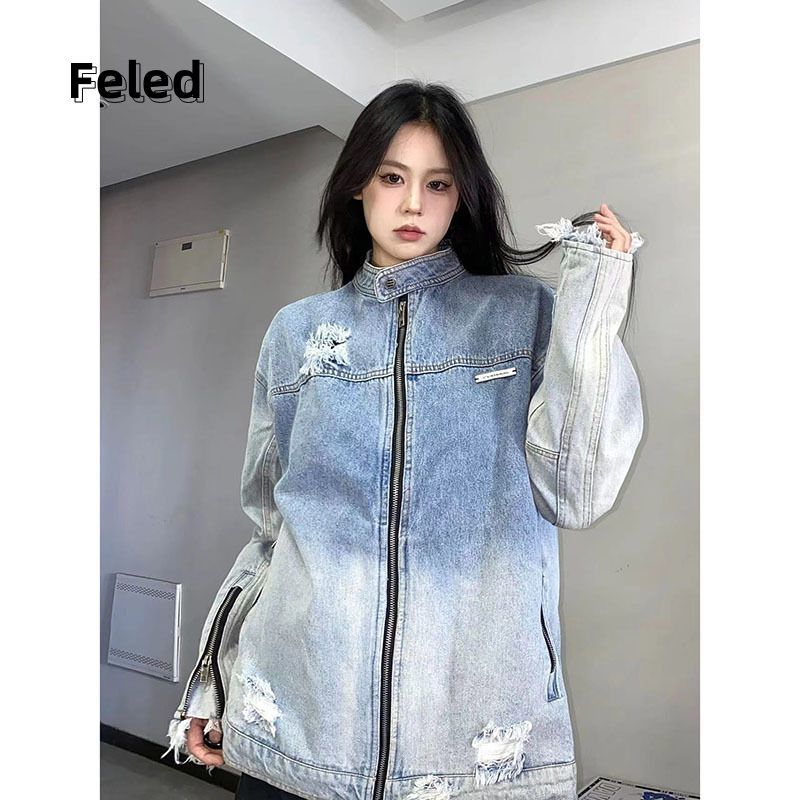 Feira Denton ripped gradient washed denim jacket jacket for men and women autumn and winter new loose slimming street top