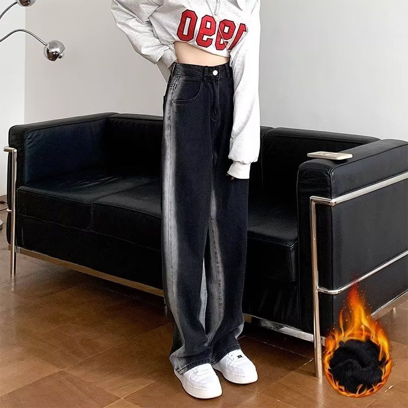 美式復古加絨漸變牛仔褲女秋冬新款高腰大碼寬鬆直筒闊腿拖地褲春