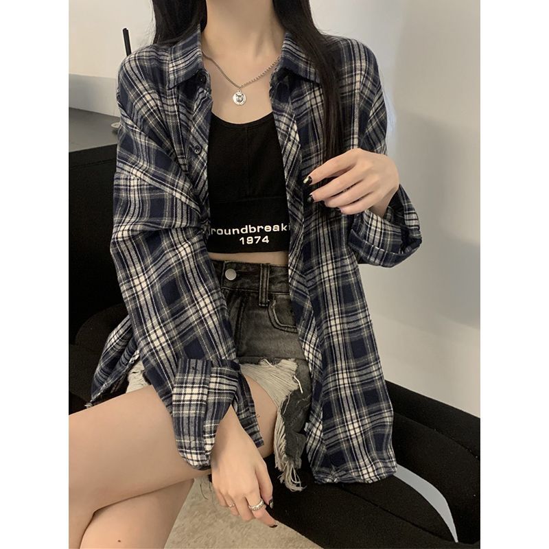 復古格子長袖襯衣外套女秋季寬鬆顯瘦休閒慵懶風韓版疊穿襯衫上衣