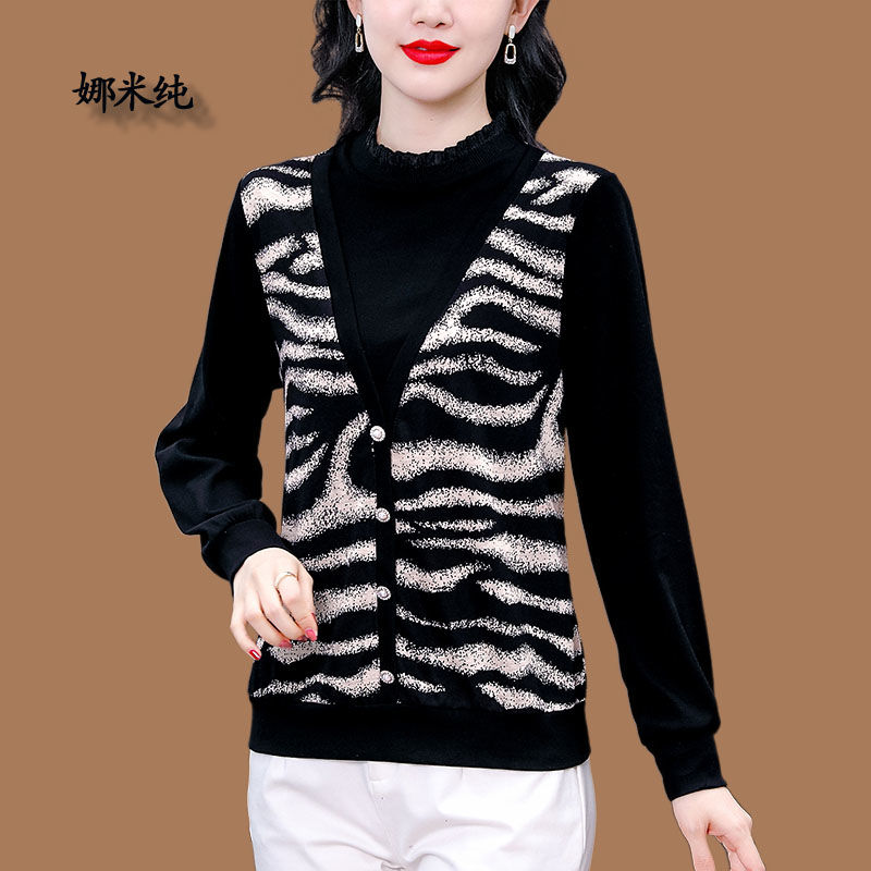 假兩件半高領上衣女2023秋冬新款時尚洋氣媽媽減齡百搭針織打底衫