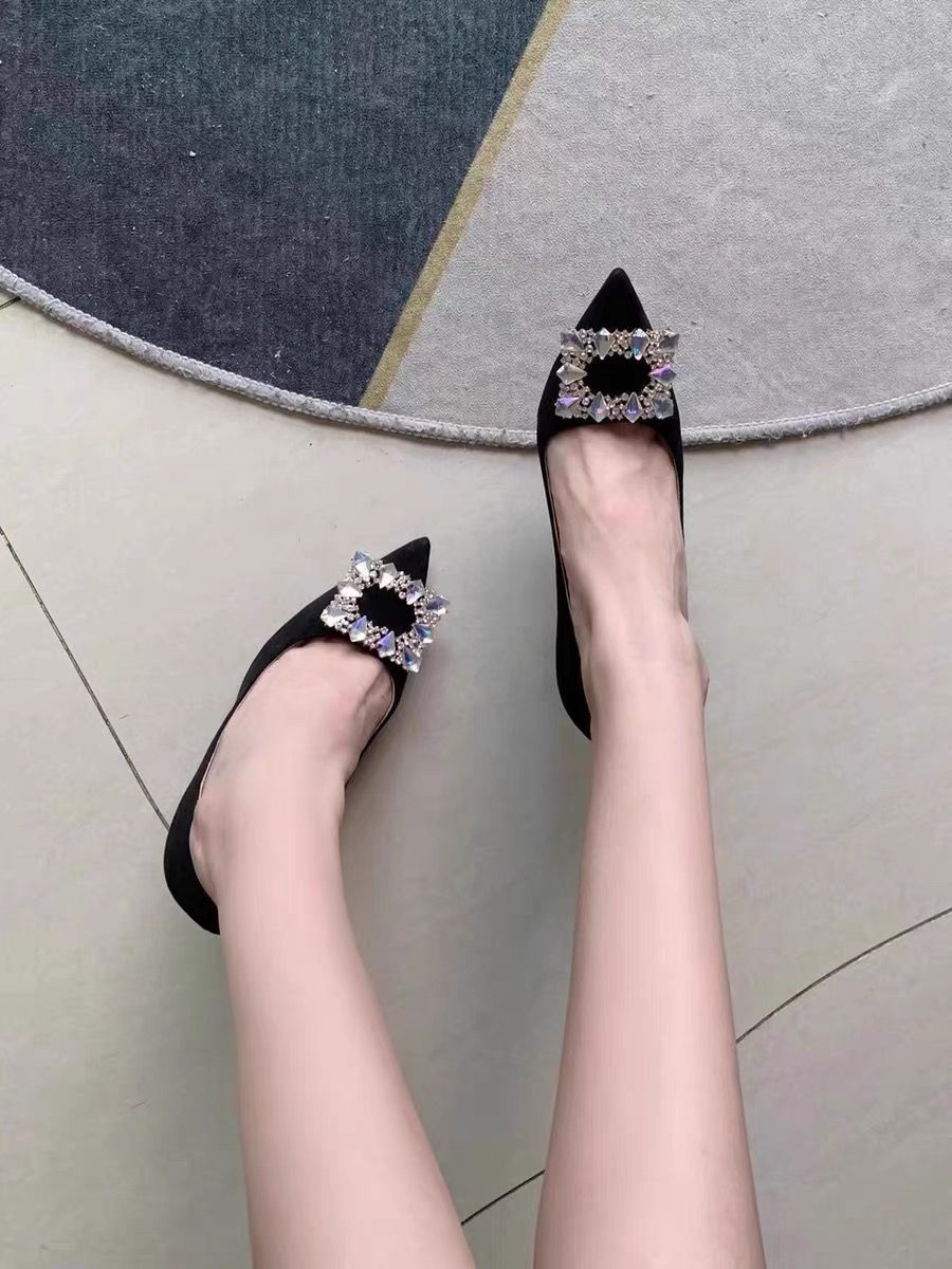 Black Sexy Pointed Toe High Heels Women's Thin  New French Versatile Temperament Rhinestone Square Buckle Shoes