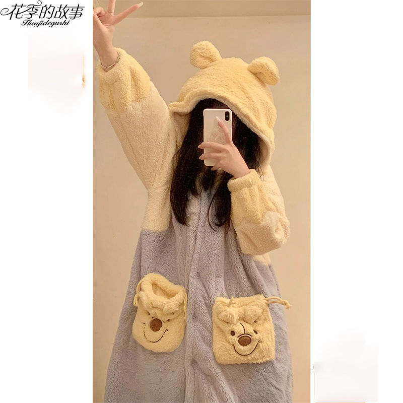 花季的故事維尼熊睡衣女珊瑚絨冬季睡袍睡褲加絨加厚可愛風家居服