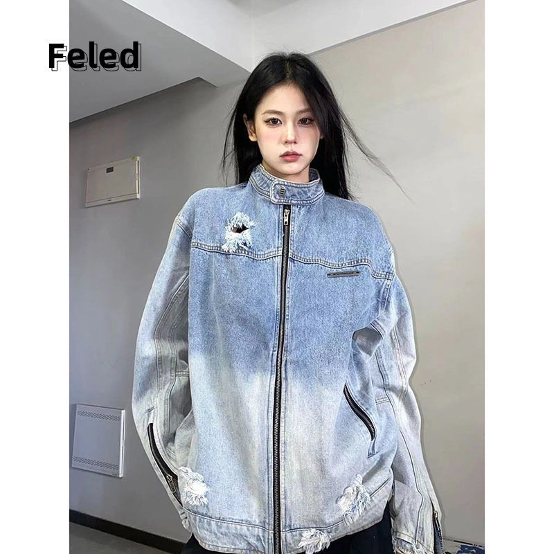 Feira Denton ripped gradient washed denim jacket jacket for men and women autumn and winter new loose slimming street top