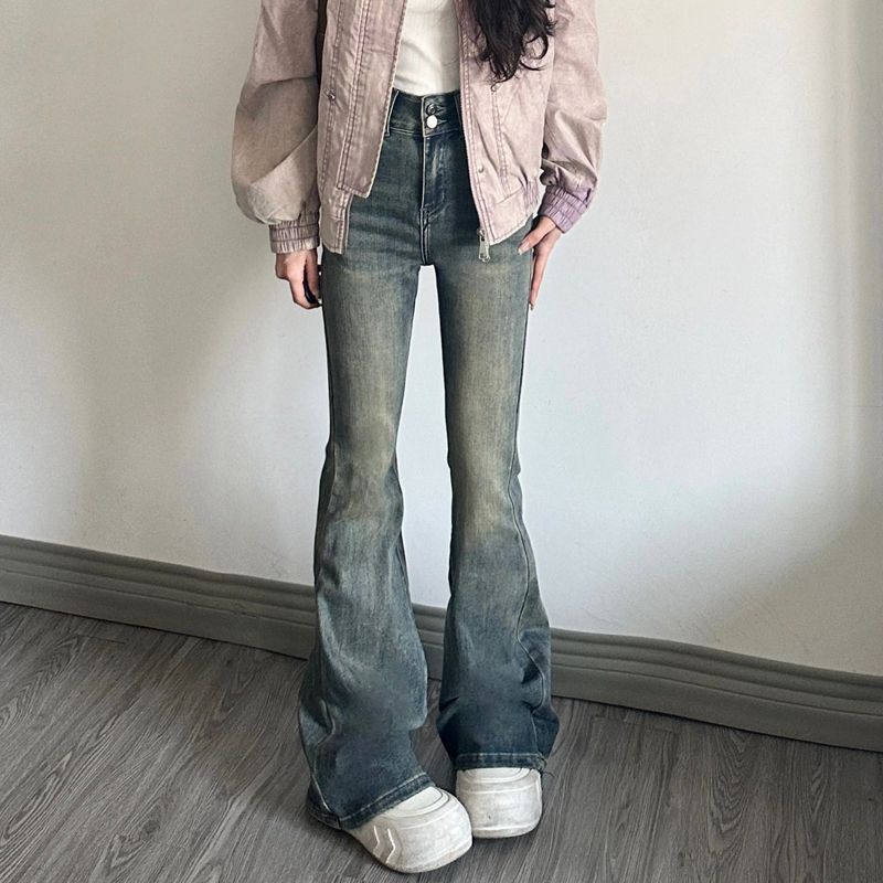 水泥灰微喇叭牛仔褲女小個子復古水洗做舊褲子高腰修身拖地長褲潮