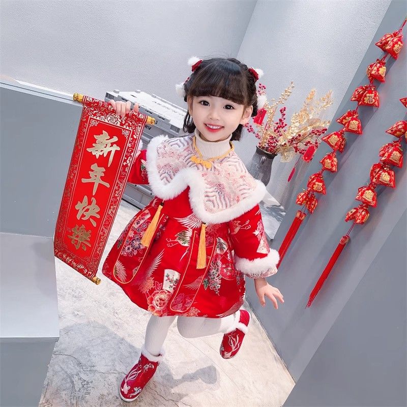 女童周歲禮服過年冬裝漢服兒童唐裝拜年服加厚寶寶中國風新年裙子