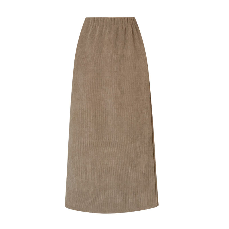 Belly-covering corduroy plus velvet skirt 2023 autumn and winter slimming high-waisted new slit retro mid-length skirt