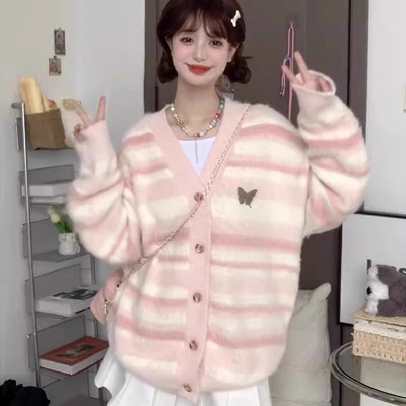 Imitation mink wool sweater for women in autumn and winter new pink striped V-neck sweet and gentle loose knitted cardigan jacket