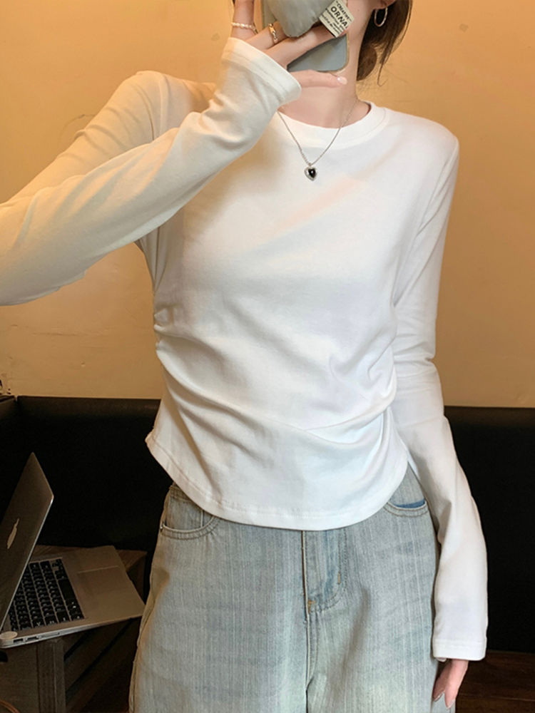 白色打底衫女春秋冬2023新款圓領修身純棉t恤長袖內搭不規則上衣