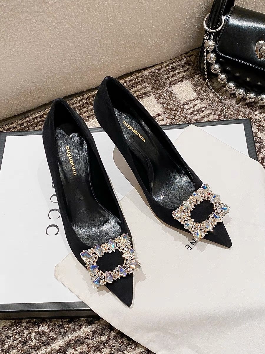 Black Sexy Pointed Toe High Heels Women's Thin  New French Versatile Temperament Rhinestone Square Buckle Shoes