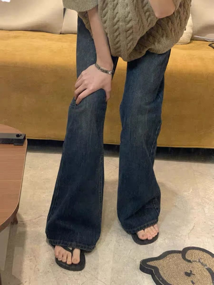 美式復古喇叭牛仔褲2023秋季新款高腰直筒寬鬆顯瘦拖地褲子ins潮