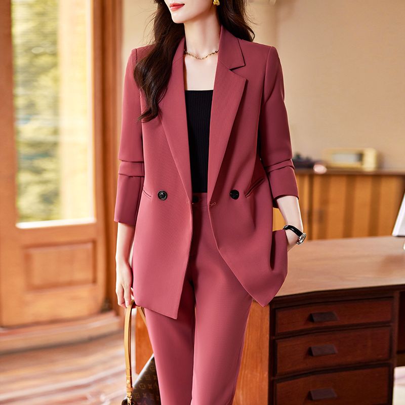 深桃粉西裝套裝女神范2023新款秋冬休閒職業正裝氣質名媛大碼西服