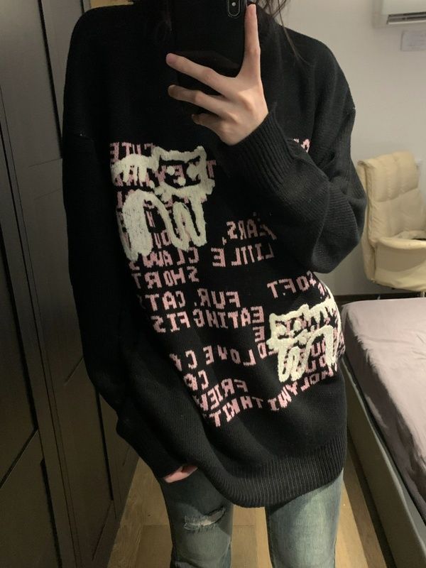 復古vintage小貓毛巾繡圓領毛衣女秋季美式潮牌慵懶風外穿針織衫