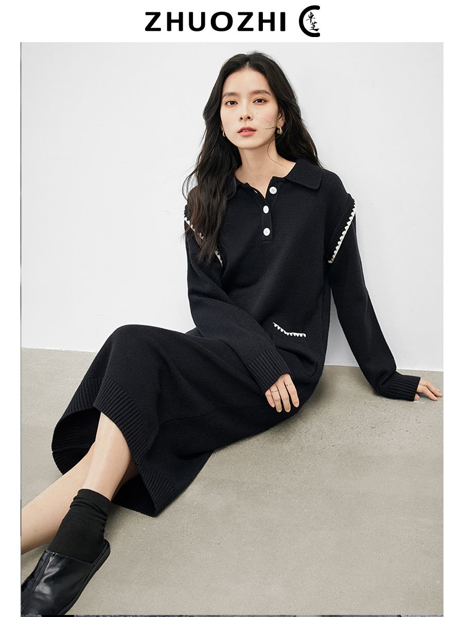 卓芝法式休閒氣質厚款毛織連衣裙女2023冬季新款撞色繡花長款裙子